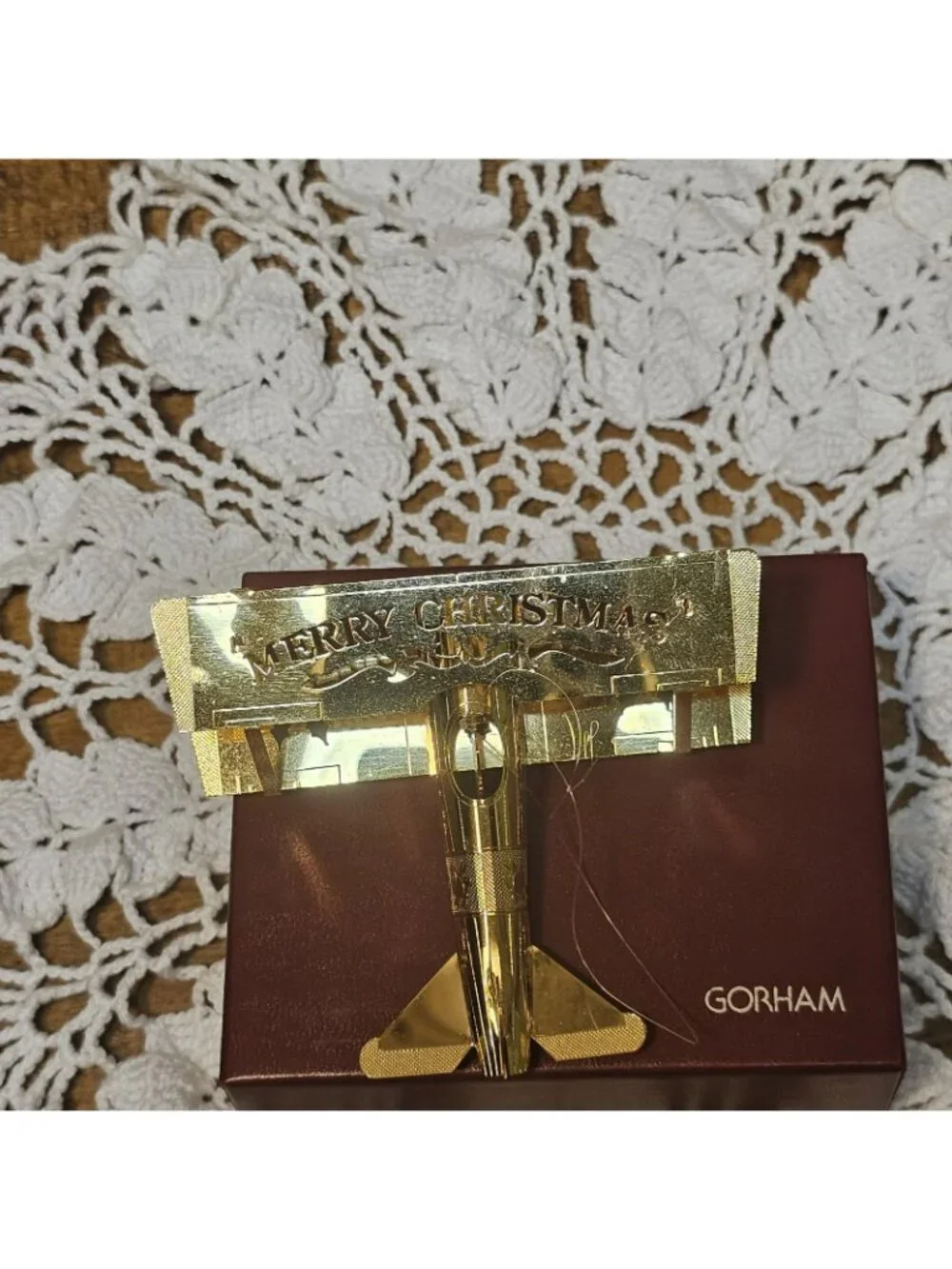 Gorham 3D Gold tone Metal Airplane Laser Cut Out Merry Christmas Boxed